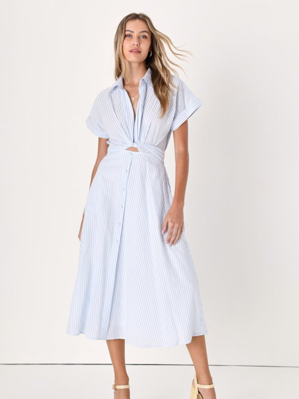 Lulus Adorable Impression White And Blue Midi Dress With Pockets - Size S